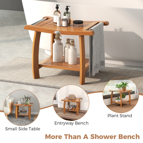 Gymax Teak Wood Shower Bench 2-Tier Wooden Shower Stool w/ Curved Seat Handles Small