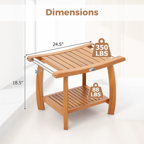 Gymax Teak Wood Shower Bench 2-Tier Wooden Shower Stool w/ Curved Seat Handles Large