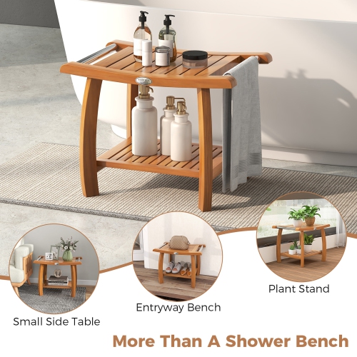 Gymax Teak Wood Shower Bench 2-Tier Wooden Shower Stool w/ Curved Seat Handles Large