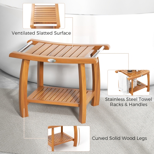 Gymax Teak Wood Shower Bench 2-Tier Wooden Shower Stool w/ Curved Seat Handles Large