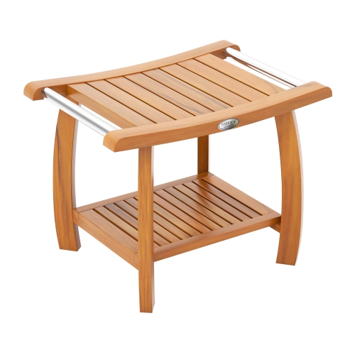 Gymax Teak Wood Shower Bench 2-Tier Wooden Shower Stool w/ Curved Seat Handles Large