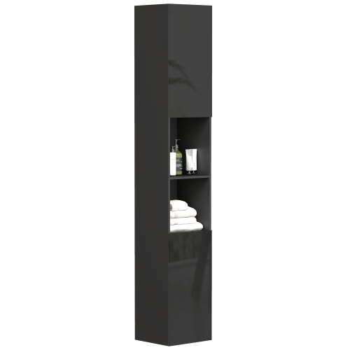 Image 1 de 9.. Armoire de rangement kleankin de 71&nbsp;po pour salle de bain, tour étroite en lin très lustré avec tablettes ouvertes, armoires à 2 portes et