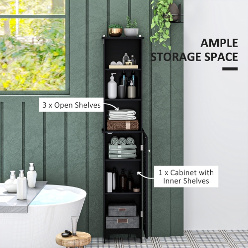 HOMCOM Bathroom Storage Cabinet, Tall Cabinet, Freestanding Bathroom Linen Tower with Shutter Doors, Black