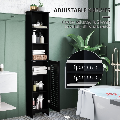 HOMCOM Bathroom Storage Cabinet, Tall Cabinet, Freestanding Bathroom Linen Tower with Shutter Doors, Black