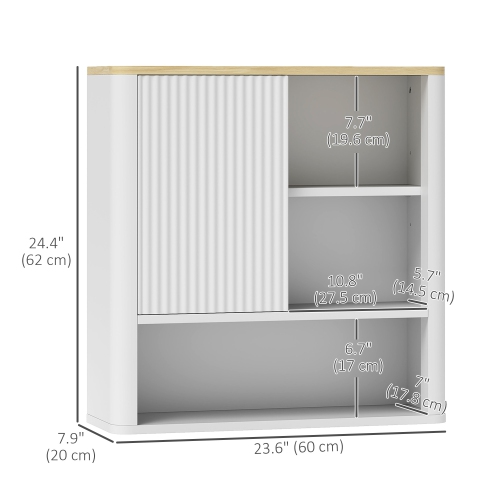 HOMCOM Medicine Cabinet with Adjustable Shelves, Bathroom Wall Cabinet with Fluted Panel Door, Bathroom Cabinet with Curved Profile Design, White