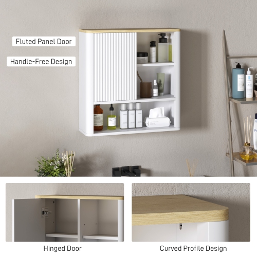 HOMCOM Medicine Cabinet with Adjustable Shelves, Bathroom Wall Cabinet with Fluted Panel Door, Bathroom Cabinet with Curved Profile Design, White