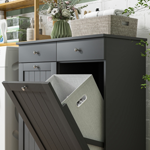 HOMCOM – Armoire à lessive double inclinable avec 2 paniers amovibles et 2 tiroirs, armoire à linge avec 2 portes en panneau de lambris, noir