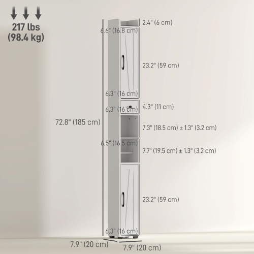 HOMCOM – Armoire de salle de bain haute 73&nbsp;po, armoire de rangement étroite pour salle de bain avec portes de grange, porte-rouleau de papier