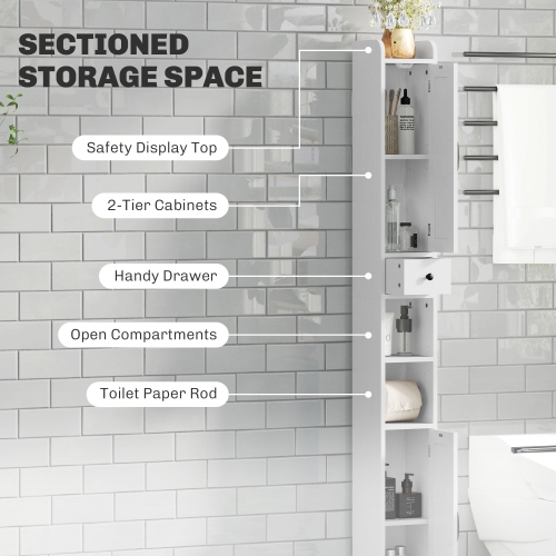 HOMCOM – Armoire de salle de bain haute 73&nbsp;po, armoire de rangement étroite pour salle de bain avec portes de grange, porte-rouleau de papier