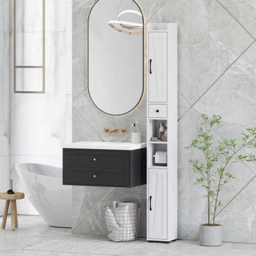 HOMCOM – Armoire de salle de bain haute 73&nbsp;po, armoire de rangement étroite pour salle de bain avec portes de grange, porte-rouleau de papier