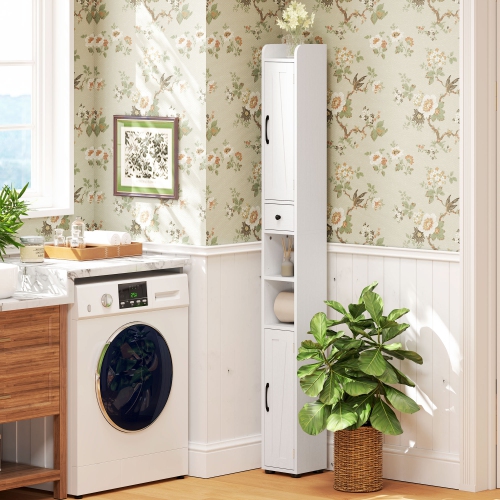 HOMCOM – Armoire de salle de bain haute 73&nbsp;po, armoire de rangement étroite pour salle de bain avec portes de grange, porte-rouleau de papier