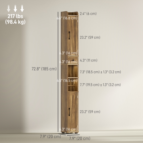 HOMCOM – Armoire de salle de bain haute 73 po, armoire de rangement étroite pour salle de bain avec portes de grange, porte-rouleau de papier