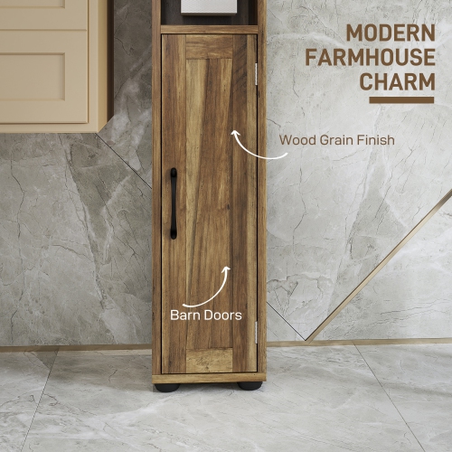 HOMCOM – Armoire de salle de bain haute 73 po, armoire de rangement étroite pour salle de bain avec portes de grange, porte-rouleau de papier