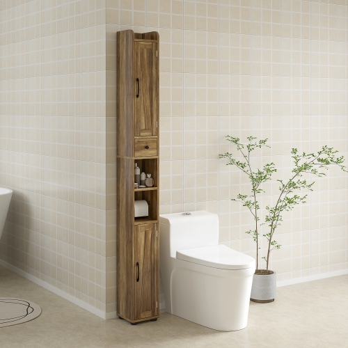 HOMCOM – Armoire de salle de bain haute 73 po, armoire de rangement étroite pour salle de bain avec portes de grange, porte-rouleau de papier