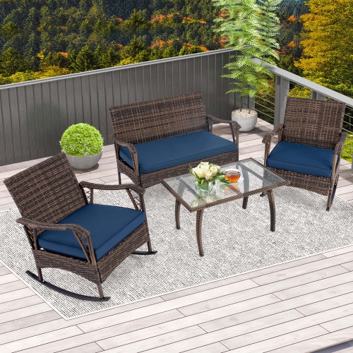 GYMAX  Set Of 4 Wicker Rocking Set W/ Loveseat & Coffee Table Heavy-Duty Metal Frame In Navy