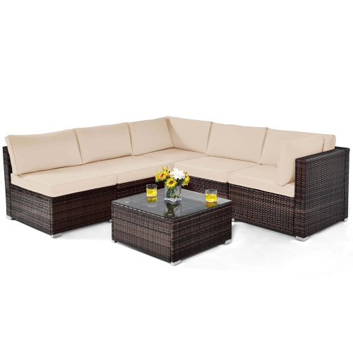 GYMAX  Set Of 6 Rattan Furniture Set Patio Cushioned Sofa Coffee Table In Brown