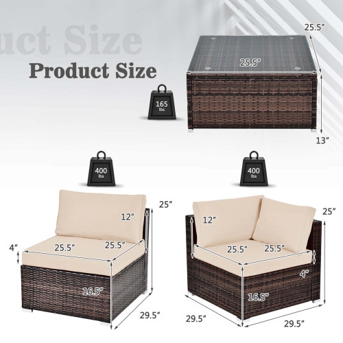Gymax Set of 6 Rattan Furniture Set Patio Cushioned Sofa Coffee Table Brown