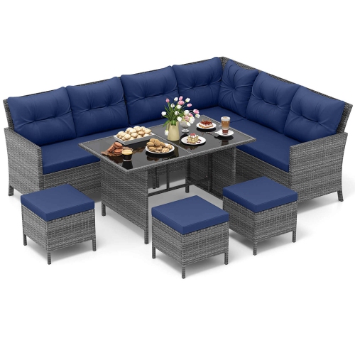 GYMAX  Set Of 7 Dining Furniture Set Pe Rattan Sectional Sofa Set Patio In Navy
