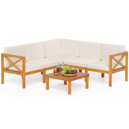 GYMAX  Set Of 6 Acacia Wood Patio Furniture Set W/ Cushions & Coffee Table Off In White
