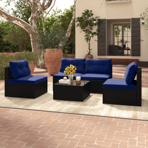 Gymax 5 PCS Patio Furniture Set w/ Seat & Back Cushions Tempered Glass Tabletop