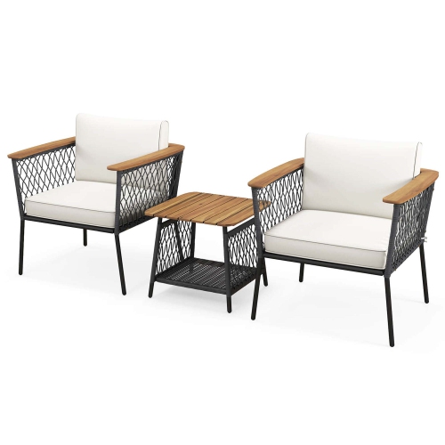 Gymax Set of 3 Furniture Set w/ 2-Tier Coffee Table Acacia Wood Armrests Tabletop Patio