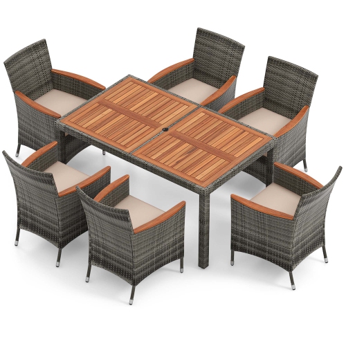 Gymax 7 PCS Patio Wicker Dining Set w/ Acacia Wood Table & 6 Armchairs