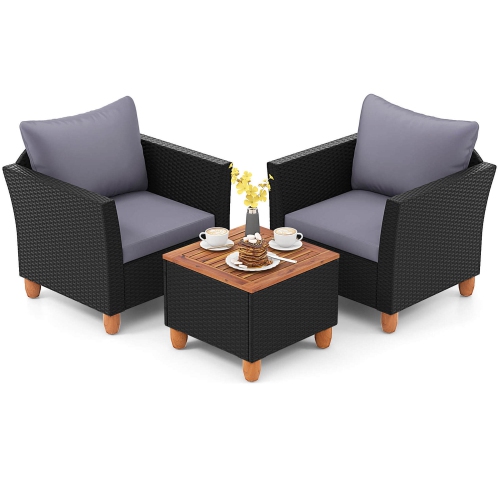 GYMAX  Set Of 3 Rattan Furniture Set Patio Cushioned Sofa Storage Table W/ Wood Top In Gray