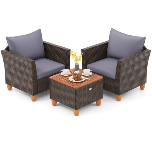 Gymax Set of 3 Rattan Bistro Furniture Set Wooden Table Top Cushioned Sofa Patio