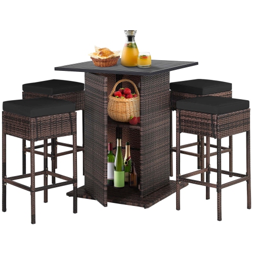 Gymax 5PCS Patio Rattan Bar Table Stool Set Hidden Storage Shelf Cushion Red Patio Black