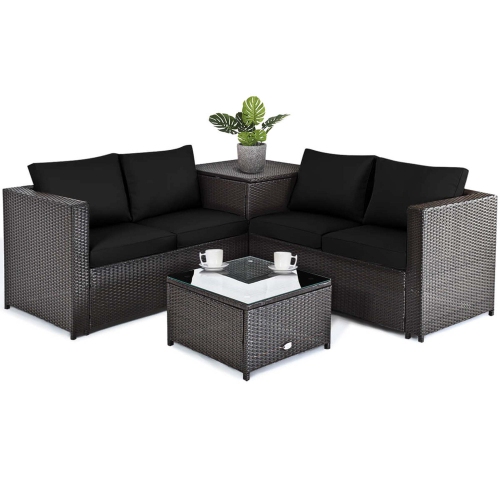 GYMAX  Set Of 4 Patio Rattan Furniture Set Cushioned Loveseat Storage Table Outdoor In Black
