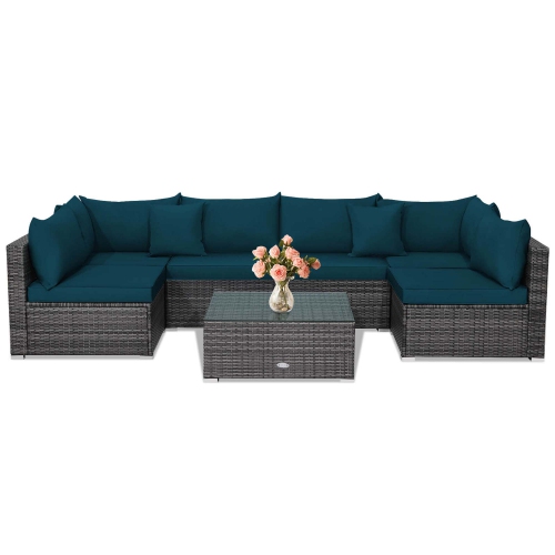 GYMAX  Set Of 7 Rattan Furniture Set Sectional Sofa Cushioned Patio Peacock In Blue