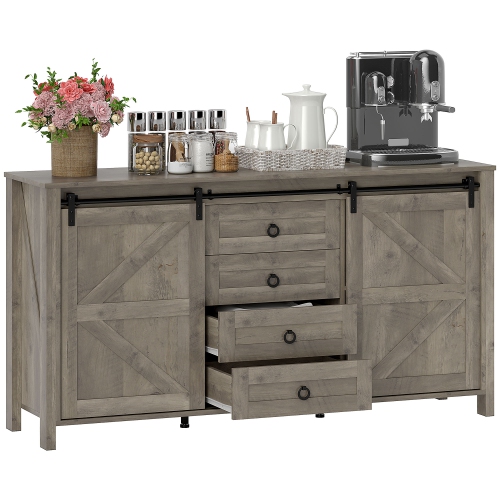 HOMCOM  Farmhouse Sideboard Buffet Cabinet \w Storage, 60" Kitchen Cabinet \w 2 Sliding Barn Doors, 4 Drawers And 2 Adjustable Shelves, Coffee Bar