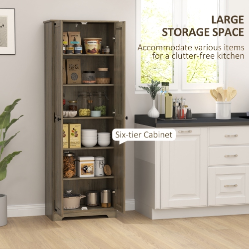 HOMCOM 67" Farmhouse Pantry Cabinet, Tall Kitchen Pantry with Adjustable Shelves, Freestanding Storage Cabinet with Recessed Doors, Distressed Grey