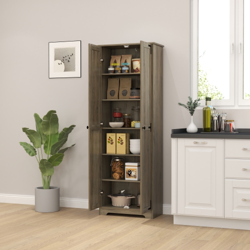 HOMCOM 67" Farmhouse Pantry Cabinet, Tall Kitchen Pantry with Adjustable Shelves, Freestanding Storage Cabinet with Recessed Doors, Distressed Grey