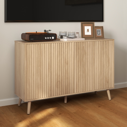 HOMCOM 47" Sideboard Buffet Cabinet with Storage, Modern Fluted Coffee Bar Cabinet with Adjustable Shelves and Wood Legs, Kitchen Credenza, Oak