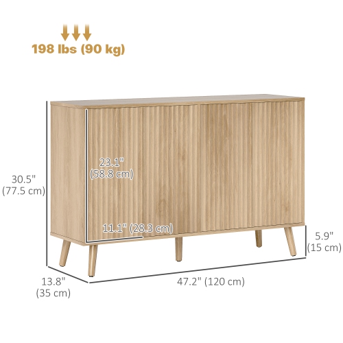 HOMCOM 47" Sideboard Buffet Cabinet with Storage, Modern Fluted Coffee Bar Cabinet with Adjustable Shelves and Wood Legs, Kitchen Credenza, Oak