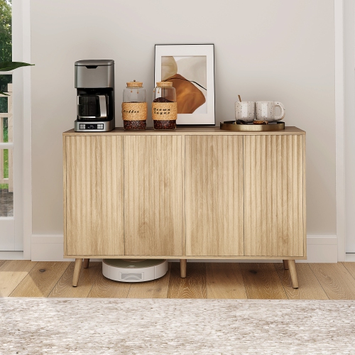 HOMCOM 47" Sideboard Buffet Cabinet with Storage, Modern Fluted Coffee Bar Cabinet with Adjustable Shelves and Wood Legs, Kitchen Credenza, Oak