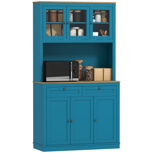 HOMCOM  71" Pantry Cabinet \w Microwave Countertop, Tall Kitchen Hutch \w 2 Drawers, Freestanding Storage Cabinet \w Adjustable Shelves, Glass And