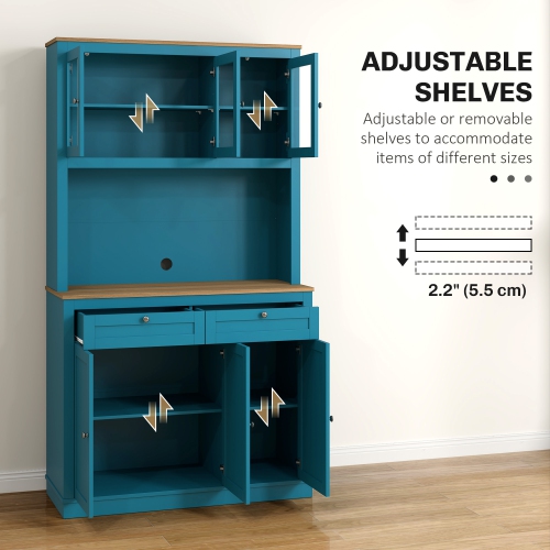 HOMCOM 71" Pantry Cabinet with Microwave Countertop, Tall Kitchen Hutch with 2 Drawers, Freestanding Storage Cabinet with Adjustable Shelves, Glass