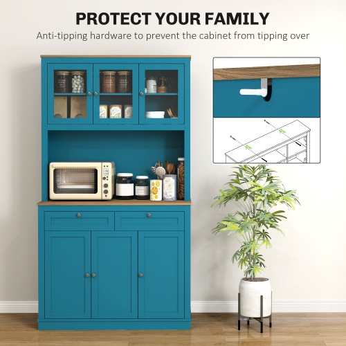 HOMCOM 71" Pantry Cabinet with Microwave Countertop, Tall Kitchen Hutch with 2 Drawers, Freestanding Storage Cabinet with Adjustable Shelves, Glass