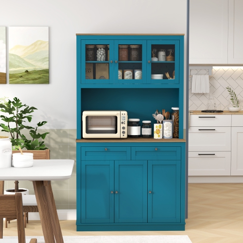 HOMCOM 71" Pantry Cabinet with Microwave Countertop, Tall Kitchen Hutch with 2 Drawers, Freestanding Storage Cabinet with Adjustable Shelves, Glass