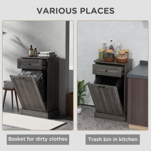 HOMCOM Tilt Out Trash Cabinet, Hidden Garbage Bin Cabinet with Drawer and Solid Wood Countertop, Free Standing Kitchen Trash Can Holder, Charcoal Grey