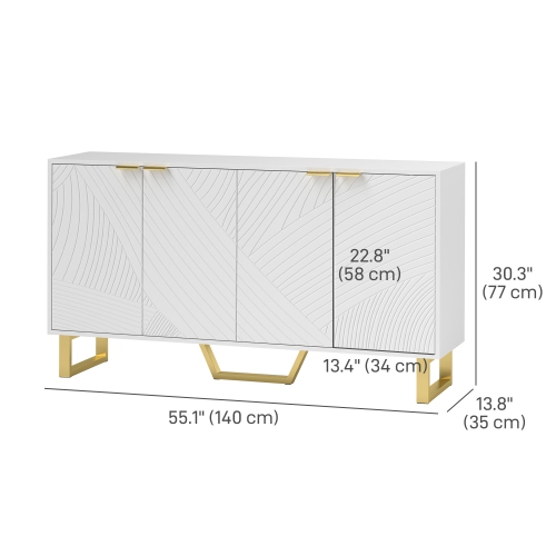 HOMCOM Sideboard Buffet Cabinet with Storage, Modern Kitchen Storage Cabinet with Carved Line Doors, Gold Legs and Adjustable Shelves, White