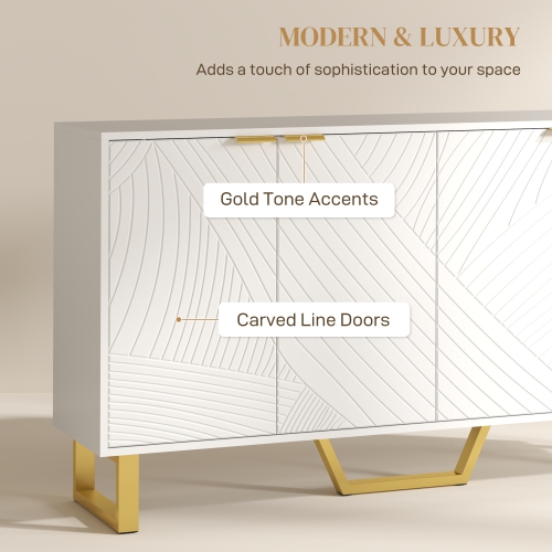 HOMCOM Sideboard Buffet Cabinet with Storage, Modern Kitchen Storage Cabinet with Carved Line Doors, Gold Legs and Adjustable Shelves, White