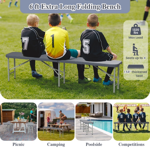 Gymax 6 ft Plastic Folding Bench Portable Fold-in-Half Seat w/ 1320 LBS Capacity Gray