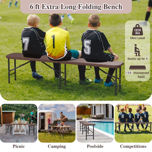 Gymax 2PCS 6 ft Plastic Folding Bench Portable Fold-in-Half Seat w/ 1320 LBS Capacity Coffee