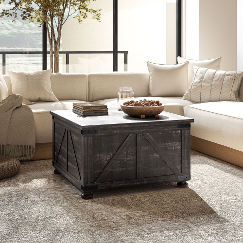 HOMCOM – Table basse Farmhouse à dessus articulé, table centrale carrée avec couvercles rabattables, table de salon avec compartiment de rangement