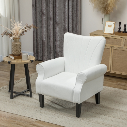 HOMCOM Fabric Accent Chair, Upholstered Armchair, Modern Wingback Living Room Chair with Wood Legs, Rolled Arms and Thick Padding, Cream White