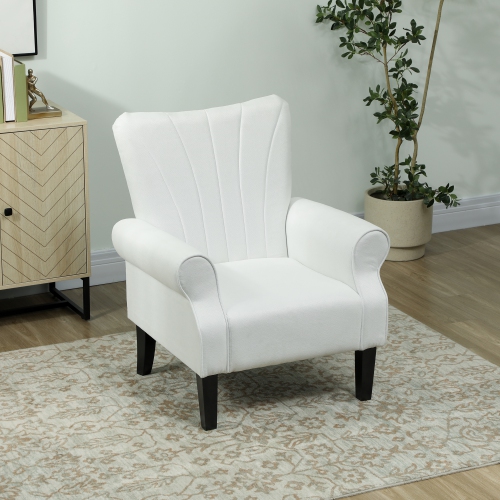 HOMCOM Fabric Accent Chair, Upholstered Armchair, Modern Wingback Living Room Chair with Wood Legs, Rolled Arms and Thick Padding, Cream White