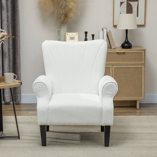 HOMCOM Fabric Accent Chair, Upholstered Armchair, Modern Wingback Living Room Chair with Wood Legs, Rolled Arms and Thick Padding, Cream White